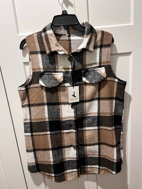 ZILIN NWT WOMEN’S FLANNEL PLAID VEST BUTTON SLEEVELESS SHACKET SHIRT JACKET